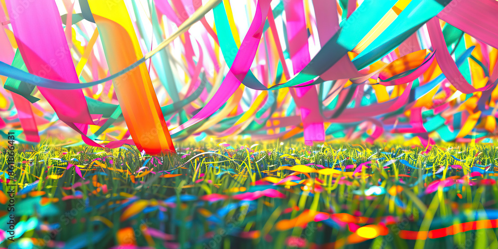 Fototapeta premium A field of colorful streamers flutter in the breeze, their vibrant hues reflecting off the faces of excited onlookers, all eagerly anticipating the big reveal.
