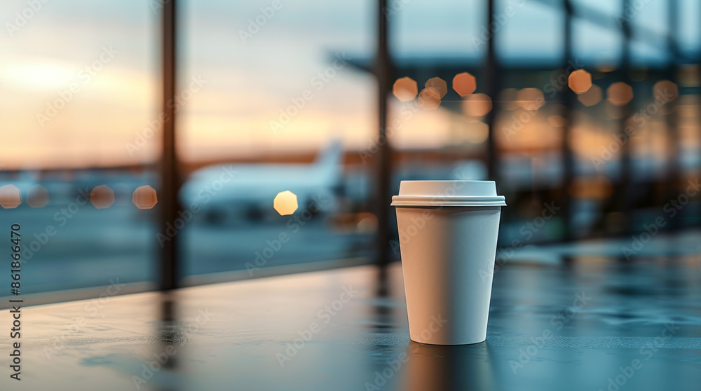White paper coffee cup on table in airport lounge. The cup is blank, providing a clean surface for branding or design. View outside the window shows the runway and airplanes White paper coffee cup on table in airport lounge. The cup is blank, providing a clean surface for branding or design. View outside the window shows the runway and airplanes