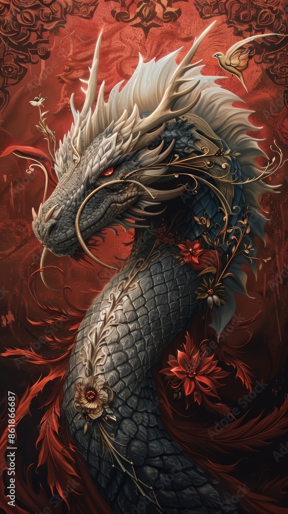 Fototapeta premium Create a high-quality image of a detailed dragon with a rich red backdrop and decorative accents