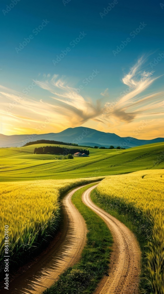 Fototapeta premium Tranquil Countryside Landscape with Farmhouse Rolling Hills Crops Dirt Road Rural Scene Illustration