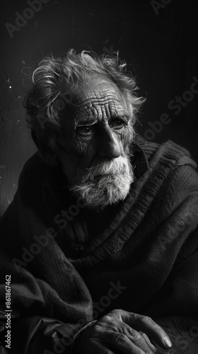 A wise old man sitting in a dimly lit room his weathered face etched with lines of secrets and wisdom his eyes full of depth. Black and white art
