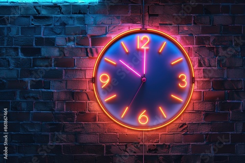 Glowing neon line Clock 24 hours icon isolated on brick wall background. All day cyclic icon. 24 hours service symbol. elegant design photo