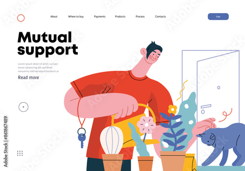 Mutual Support: Look after neighbor's house -modern flat vector concept illustration of man watering plants, looking after neighbors' cat A metaphor of voluntary, collaborative exchanges of services