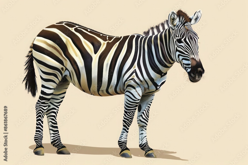 Fototapeta premium A vibrant vector illustration of a zebra standing, with realistic stripes and detailed textures, rendered in a high-resolution, photo-realistic manner.