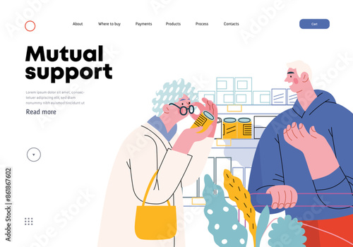 Mutual Support: Helping a visually impaired person -modern flat vector concept illustration of man offering to read label for woman in supermarket A metaphor of voluntary, collaborative exchanges