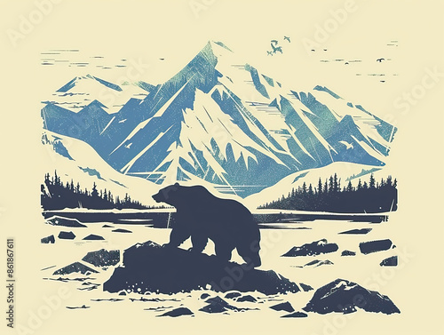 Risograph riso print national park poster illustration of Katmai, Alaska, modern, isolated, clear, simple. Artistic, screen printing, stencil, stencilled, graphic design. Banner, wallpaper photo