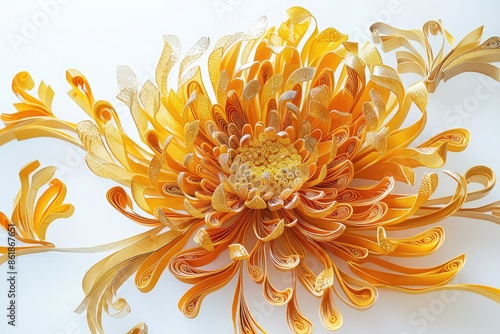 A chrysanthemum in golden paper quilling, its intricate petals beautifully contrasted against a clear background, illustrating the flowera??s complexity and autumnal hues. photo