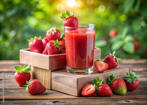 Fresh strawberry Juice in wood podium with pieces of strawberry