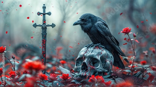 A gothic fantasy scene unfolds with a black raven perched on a skull amidst red roses and a steel sword.