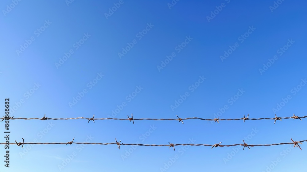 Empty space for text beside barbed wire under a clear blue sky Empty space for text beside barbed wire under a clear blue sky