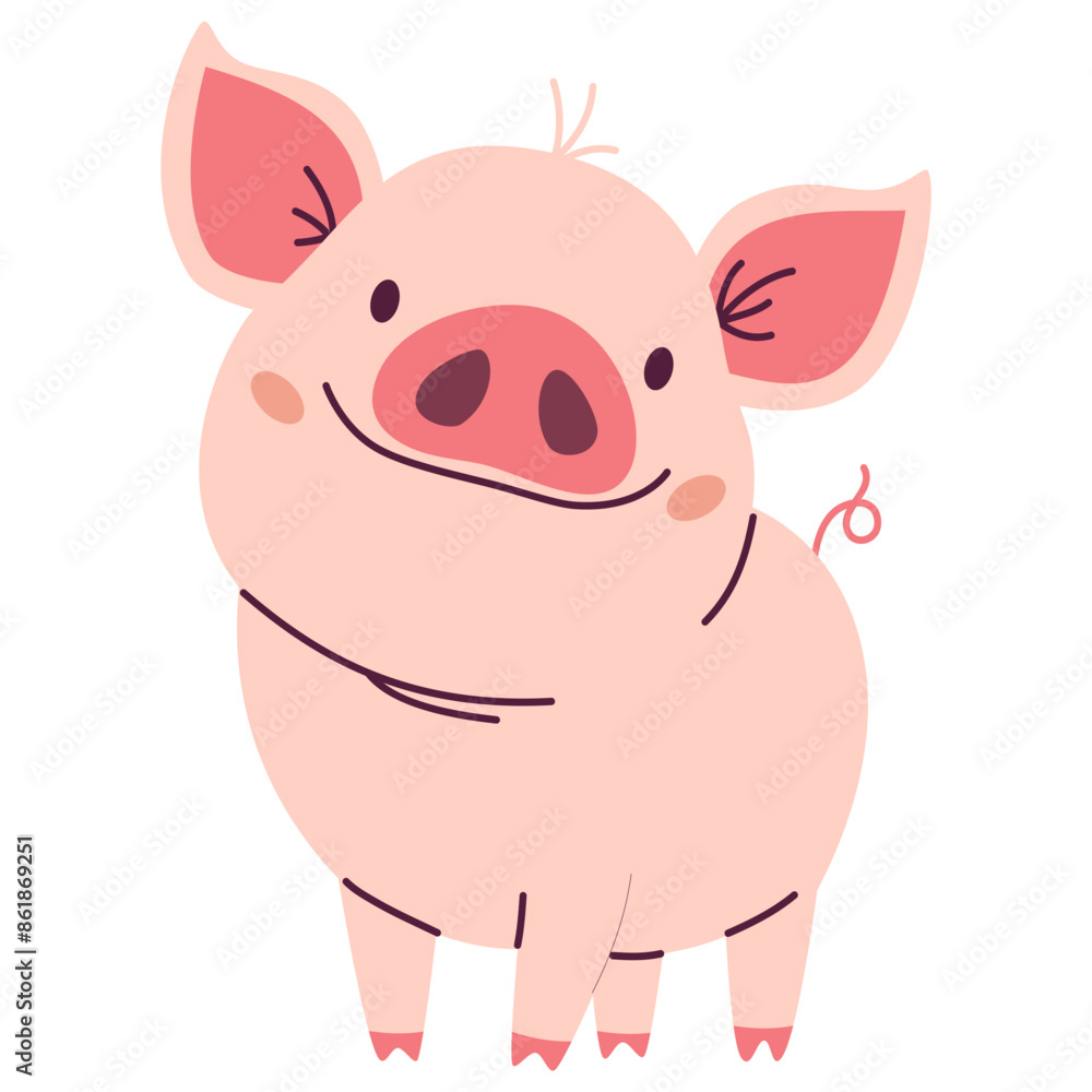 Flat vector illustration in a simple children's style. Cute pig on white background . Vector illustration Flat vector illustration in a simple children's style. Cute pig on white background . Vector illustration