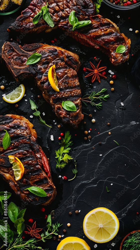 Fototapeta premium Grilled steaks with herbs and lemon slices on a black background.