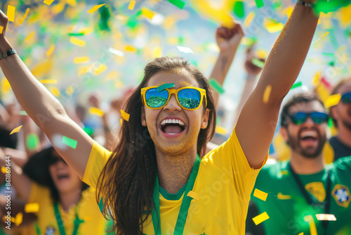 Girl, Brazilian football fan cheering for her team. Happy emotions, joy, America Copa, Brazil
