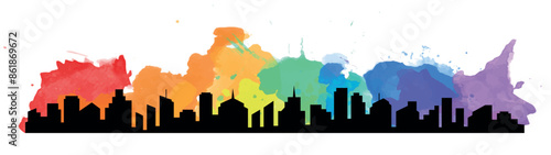 Light gray cityscape background. City buildings with trees at park view. Monochrome urban landscape with street. Modern architectural panorama in flat style. Vector illustration horizontal wallpaper