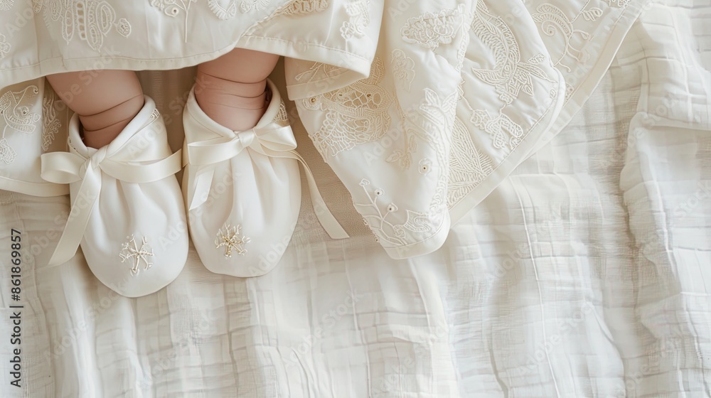 A close-up image of a babys feet wearing white embroidered booties on a white blanket with a delicate floral design A close-up image of a babys feet wearing white embroidered booties on a white blanket with a delicate floral design