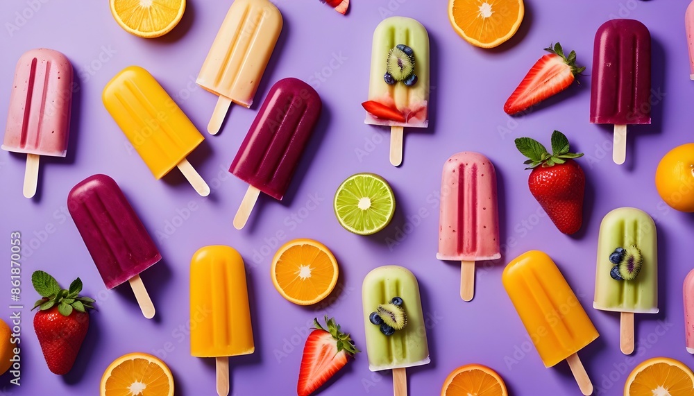 Fruits ice cream on violet background. Widescreen background. Summer banner Fruits ice cream on violet background. Widescreen background. Summer banner