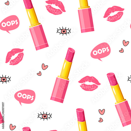 Pretty pink seamless pattern with bright pink gloss lipstick, lipstick kiss, dialog frame and different decorative elements.