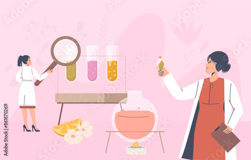 Scientists women developing new fragrance. Girls in white coats with test tubes, process of making perfume. Cartoon laboratory vector concept