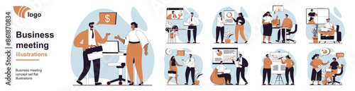 Business meeting concept with people scenes mega set in flat web design. Bundle of character situation with interview and negotiation, brainstorming, conference presentation. Vector illustrations.