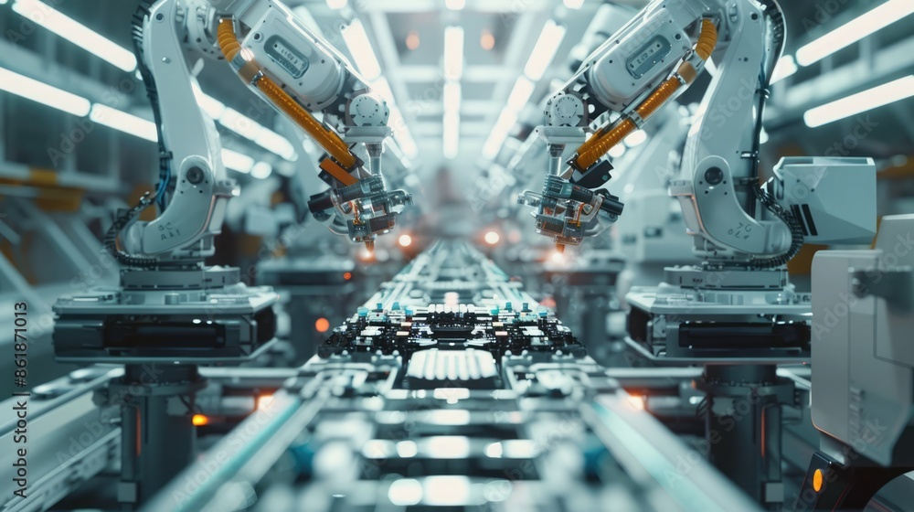 Precision robotic arms assembling EV battery parts in a cutting-edge production line. EV Battery Components Production Line Precision robotic arms assembling EV battery parts in a cutting-edge production line. EV Battery Components Production Line