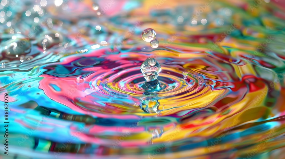Vibrant droplets are creating ripples in colorful water, showing a dynamic and captivating movement Vibrant droplets are creating ripples in colorful water, showing a dynamic and captivating movement