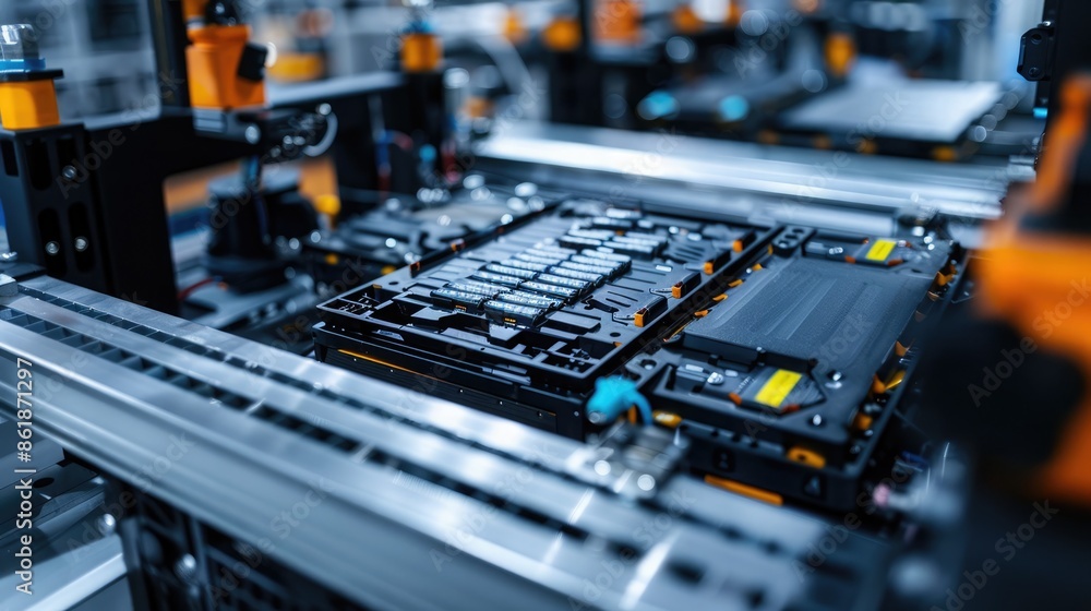 Assembling EV battery cells with precision tools and machinery in a state-of-the-art production facility. EV Battery Components Production Line Assembling EV battery cells with precision tools and machinery in a state-of-the-art production facility. EV Battery Components Production Line