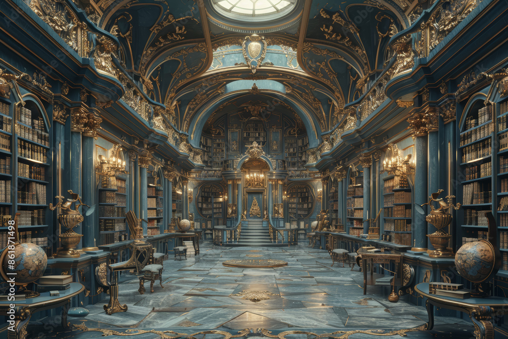 Fototapeta premium An ancient library filled with towering bookshelves and mystical tomes. Concept of knowledge and mystery. Generative Ai.