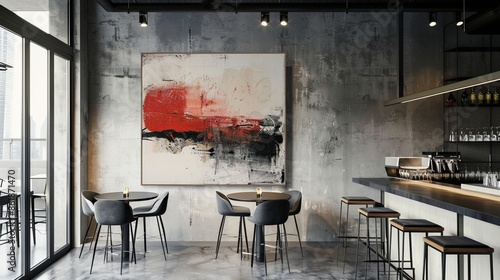 eye level, photo, bar, minimalistic interior, abstract large art frame, office snapshot, frame magazine