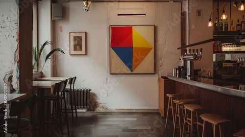 eye level, photo, bar, minimalistic interior, abstract large art frame, office snapshot, frame magazine