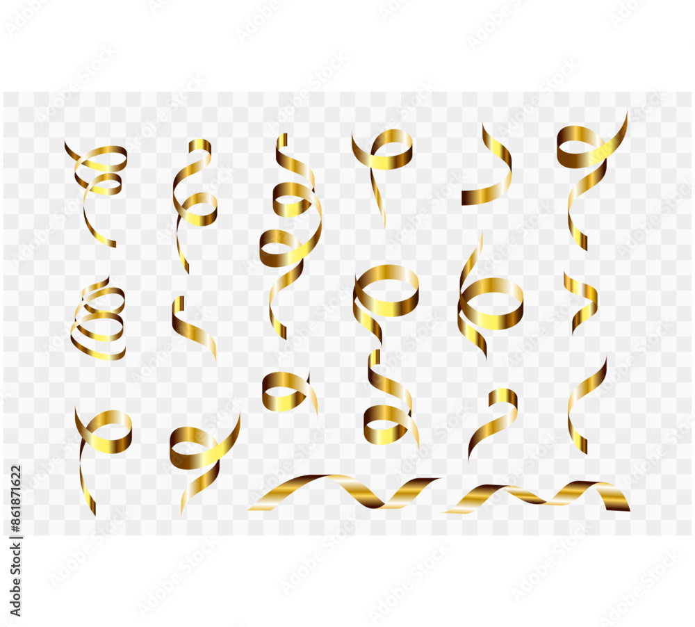 Fototapeta premium Gold confetti. Serpentine spiral ribbons. Golden luxury party decor.