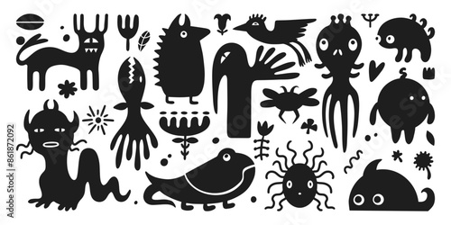 Strange creatures. Fictional monsters imaginary plants and animals. Hand drawn doodle nature abstract elements, black characters neoteric vector set
