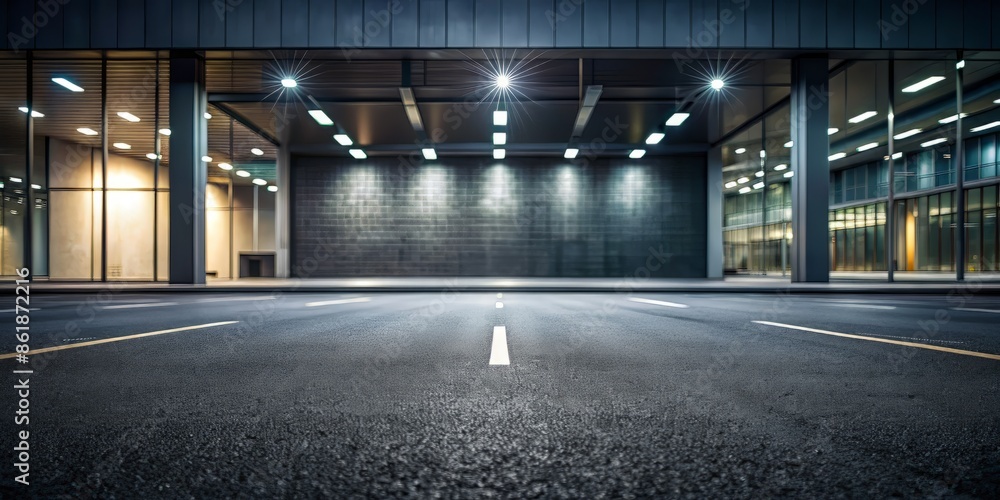 Dark empty street scene with black asphalt road leading to a blurred ...