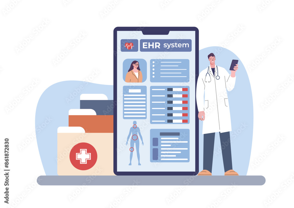 Electronic health record. Medical patient information, smart technologies in medicine. Doctor with tablet, telemedicine kicky vector scene Electronic health record. Medical patient information, smart technologies in medicine. Doctor with tablet, telemedicine kicky vector scene