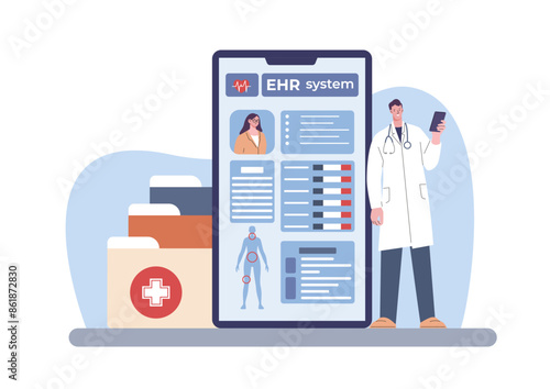 Electronic health record. Medical patient information, smart technologies in medicine. Doctor with tablet, telemedicine kicky vector scene
