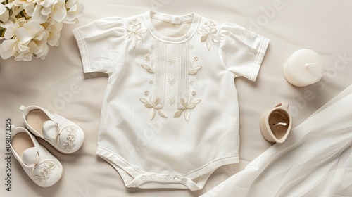 A white baby bodysuit with delicate embroidered floral details, paired with matching shoes and candles
