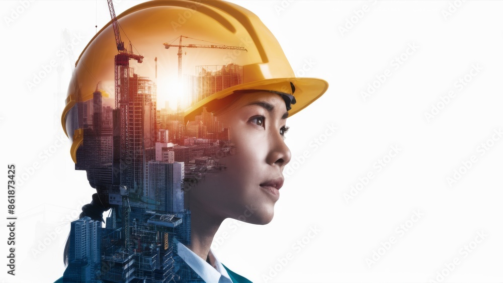 A woman in a hard hat with city skyline behind her, AI A woman in a hard hat with city skyline behind her, AI