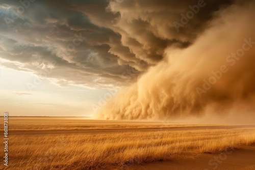 The dust storm engulfs an arid landscape, pushing forward with immense power at dusk. This breathtaking image captures the raw strength of nature as the light fades.