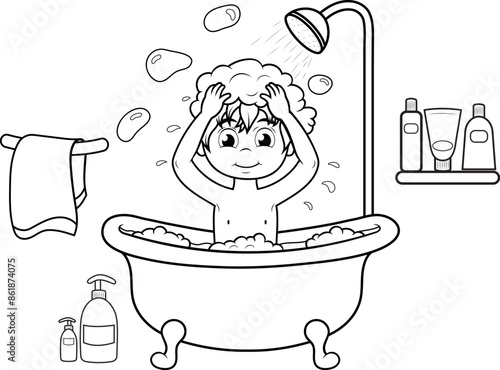 Niño bañándose en una bañera, aseo personal, limpieza corporal, ilustracion vectorial sin fondo en blanco y negro, arte lineal.	