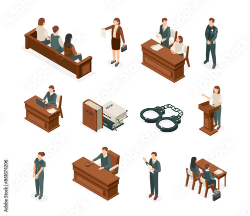 Isometric court. Justice and law elements, lawyer judges and policeman. Judgement and juridical process, defendant and witness flawless vector set