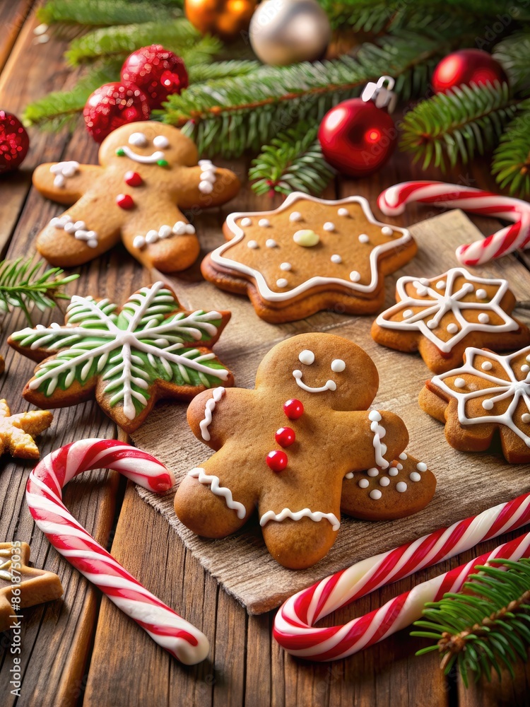 Gingerbread cookies with festive icing and candy canes. Gingerbread cookies with festive icing and candy canes.