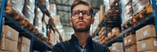 Focused and attentive warehouse manager with glasses overseeing inventory management in a large,organized storage facility surrounded by packed boxes and shelves.