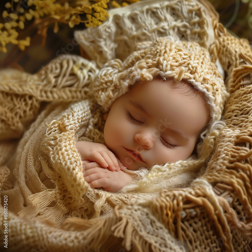 Photograph of a newborn baby sleeping peacefully