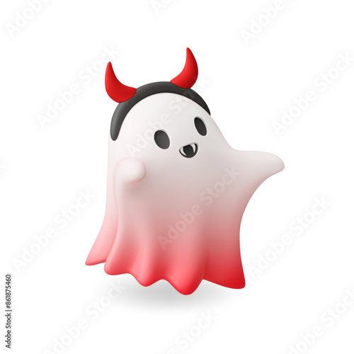 3d isolated spooky ghost. Halloween vampire costume. Phantom with devil horns, crazy specter. Party monster, realistic vector render element