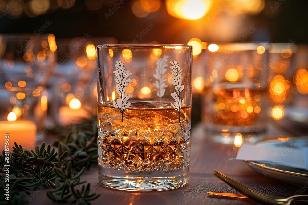 Table setting for Romantic dessert, Glasses with white painting of small leaves. Table setting for Romantic dessert, Glasses with white painting of small leaves.