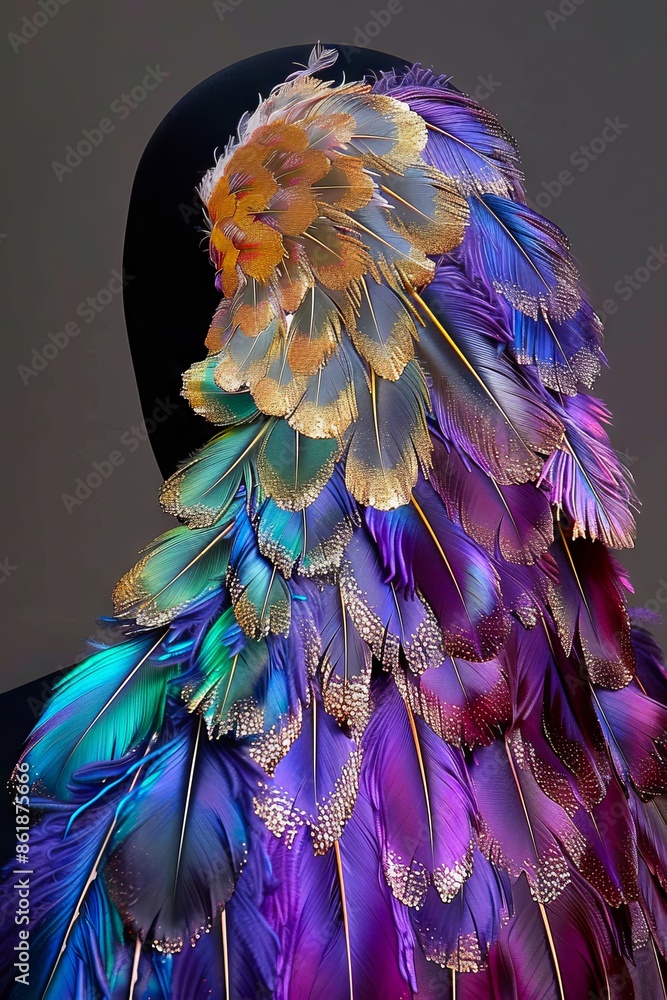 Obraz premium A woman wearing a colorful feathered headpiece.