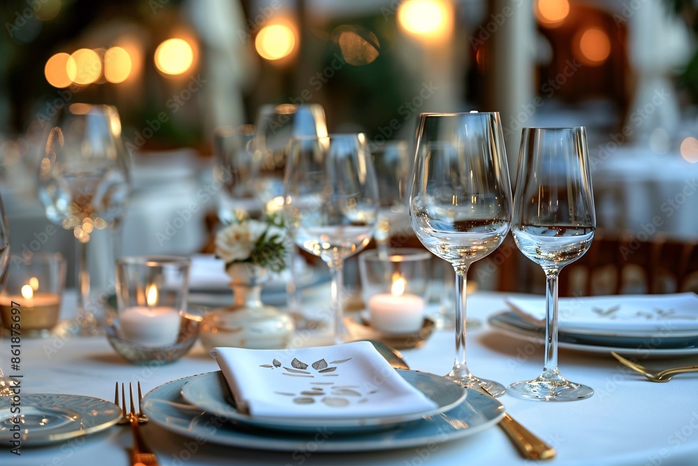 Table setting for Romantic dessert, Glasses with white painting of small leaves. Table setting for Romantic dessert, Glasses with white painting of small leaves.