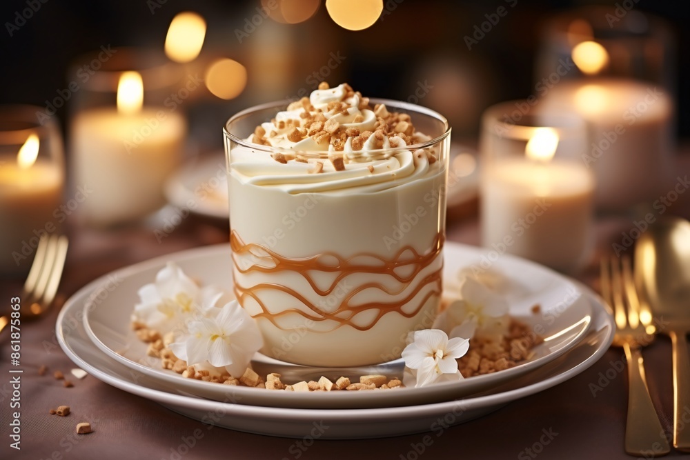 Elegant dessert in glass, topped with cream and crumbs, surrounded by warm candlelight. Elegant dessert in glass, topped with cream and crumbs, surrounded by warm candlelight.