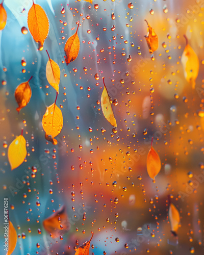 Close-up of raindrops on a window with blurred autumn foliage in the background, capturing the essence of a rainy fall day.