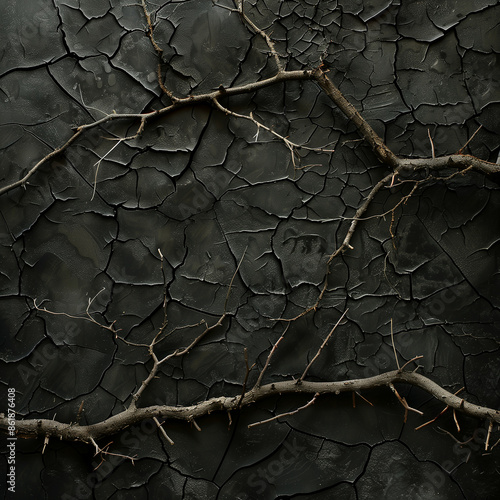 A dark and atmospheric backdrop featuring dry, gnarled branches against cracked, textured earth, creating an eerie and desolate landscape