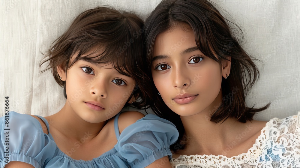 A close-up portrait of two sisters, one younger and one older, lying together on white bedding A close-up portrait of two sisters, one younger and one older, lying together on white bedding